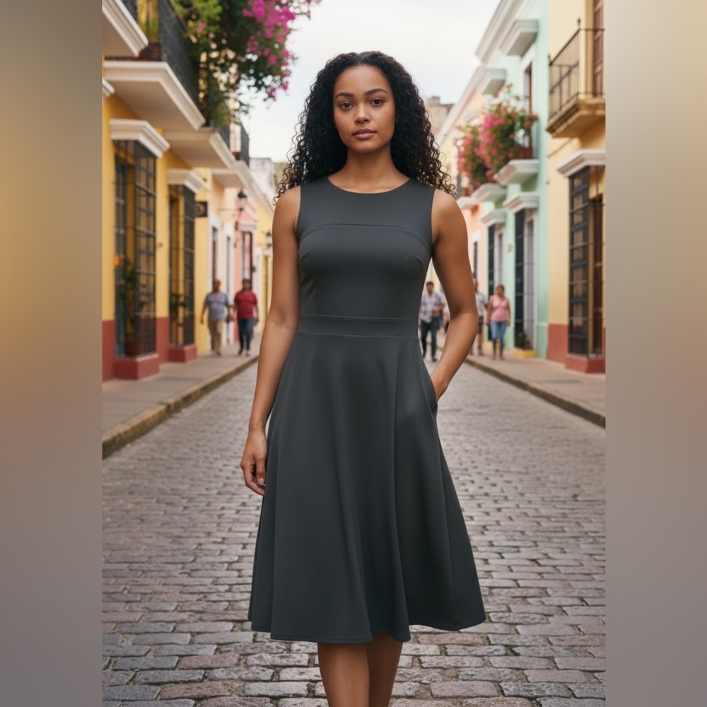 Lands End Black Vneck Fit and Flare Scuba Dress